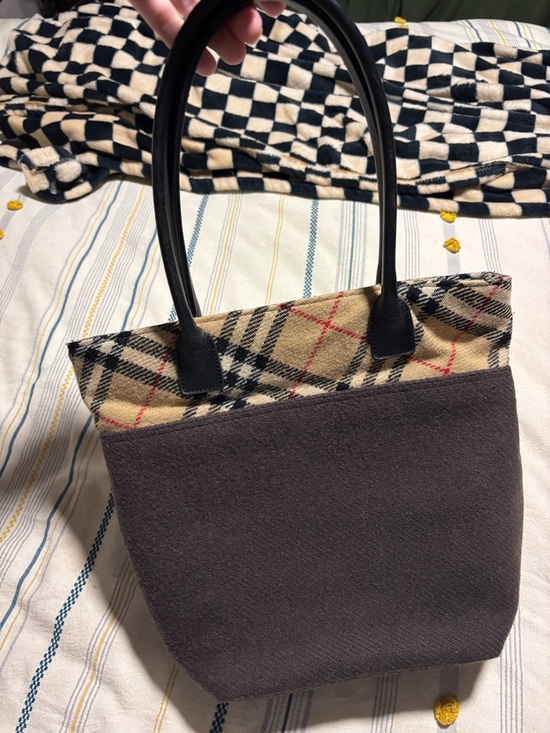 Burberry Vintage Blue Label Wool Tote with Leather Handles